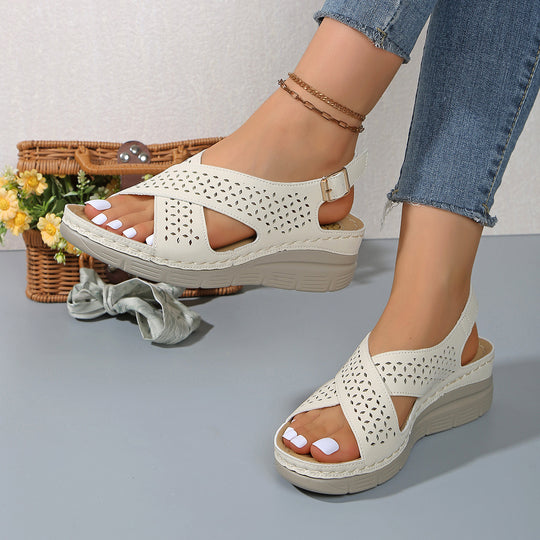 Damen Komfortable und atmungsaktive Wedge-Sandalen mit floralem Lochdesign R&B