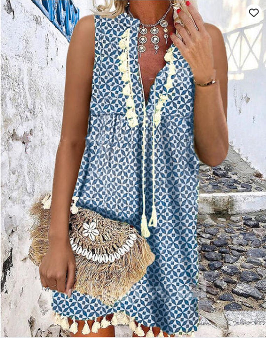 Damen luftiges Strandkleid mit dekorativen Fransen und floralem Muster R&B