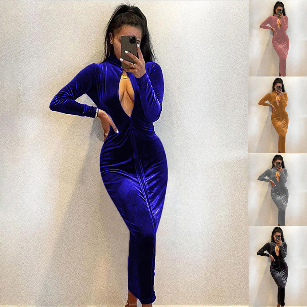 Damen Hochwertiges Samtkleid mit tiefem Ausschnitt und langen Ärmeln R&B