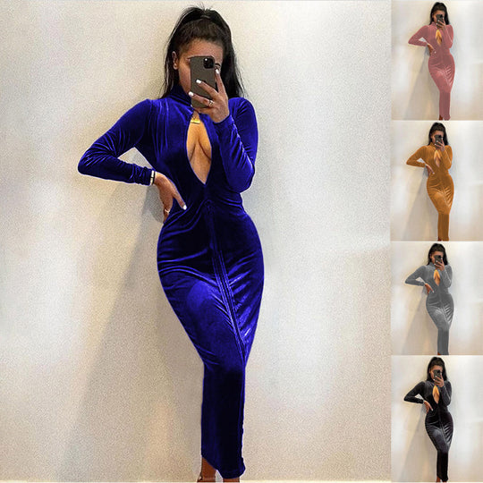 Damen Hochwertiges Samtkleid mit tiefem Ausschnitt und langen Ärmeln R&B