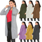 Damen Langer Strickmantel mit elegantem Zopfmuster und Kapuze R&B