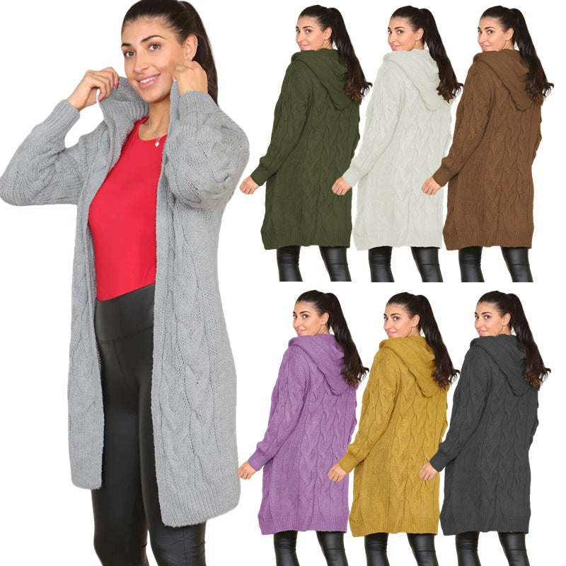 Damen Langer Strickmantel mit elegantem Zopfmuster und Kapuze R&B