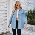 Damen Denim-Überhemd mit fransigem Saum und aufgesetzten Taschen R&B