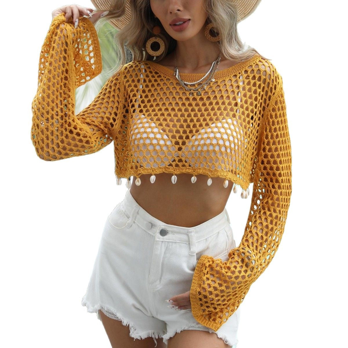 Damen Häkel-Überwurf mit Open-Shoulder Design und Muschelverzierungen R&B