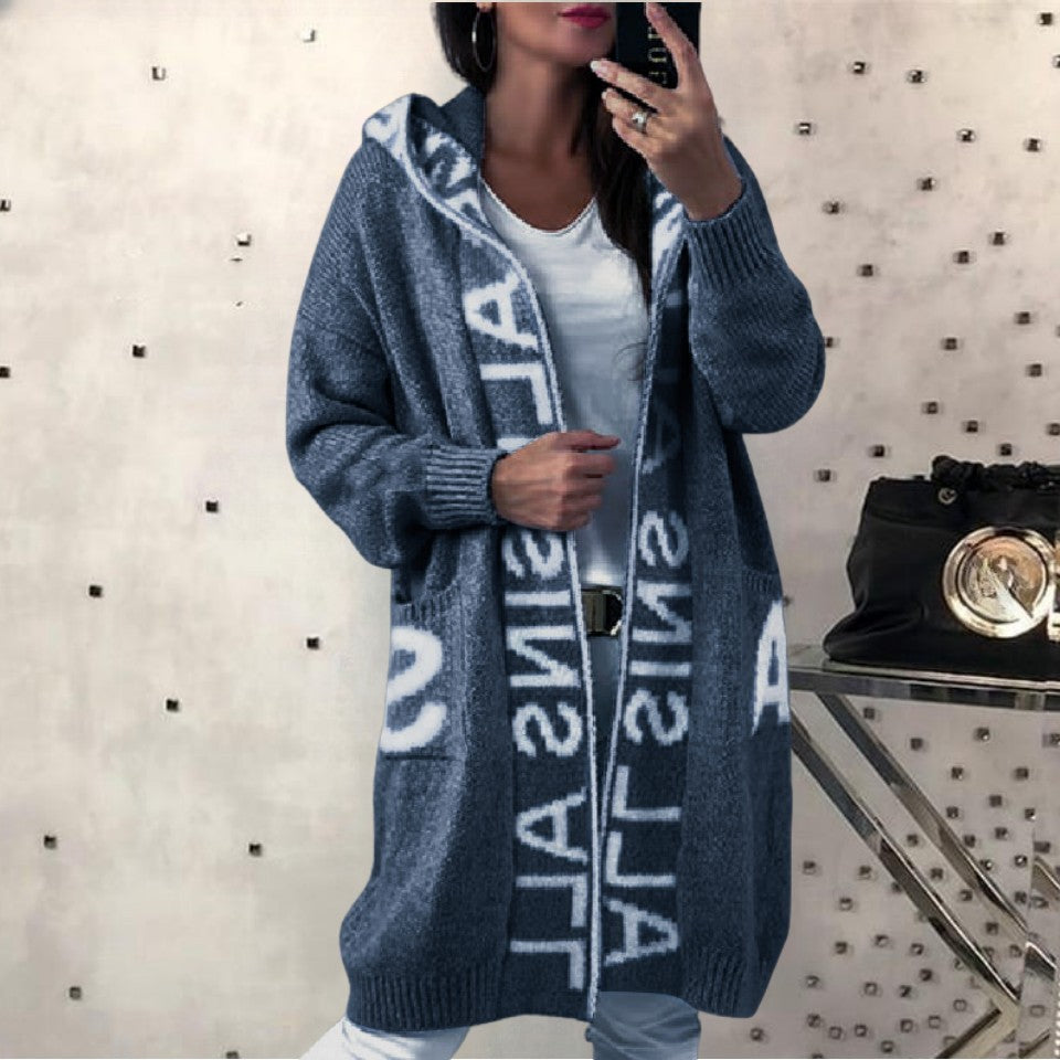 Damen Langarm-Strickcardigan mit Kapuze und praktischen Taschen R&B