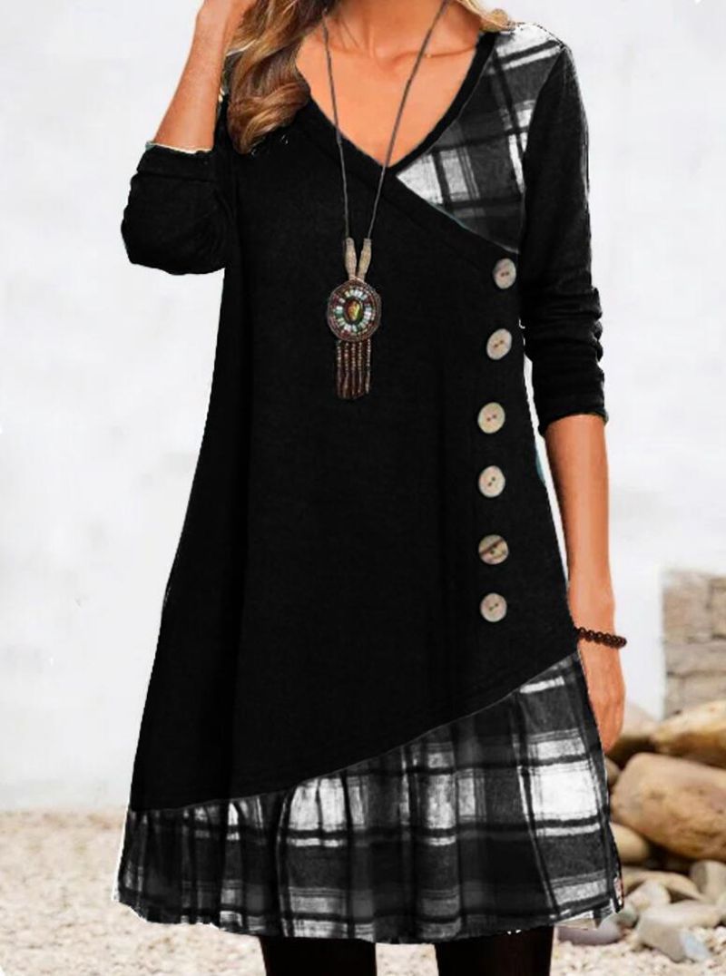 Damen nan asymmetrisches V-Ausschnitt-Tunika-Kleid mit Zierknopfleiste und Animalprint-Besatz R&B