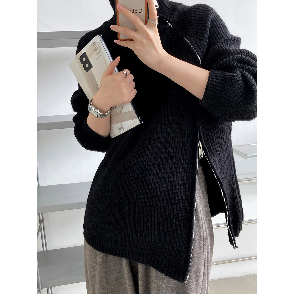 Damen lässiger Strickpullover mit seitlichem Reißverschluss und hohem Kragen R&B