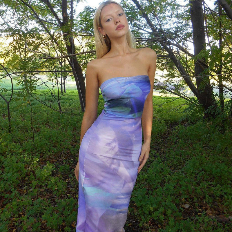 Damen Bodycon Maxikleid mit schulterfreiem Design und traumhaftem Farbverlauf R&B