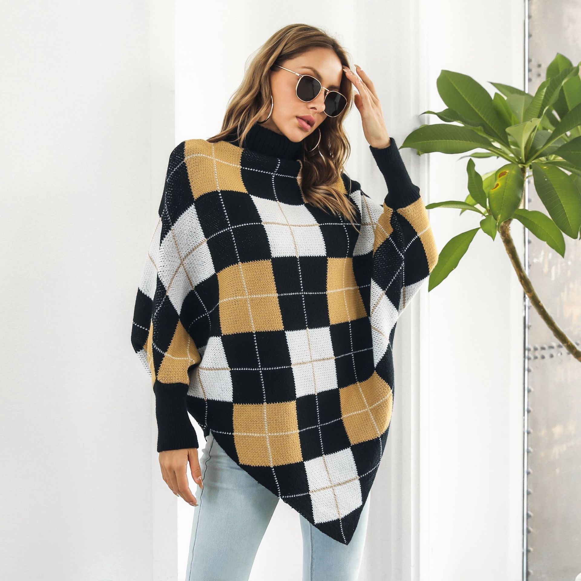 Damen Oversized Strickpullover mit asymmetrischem Saum und hohem Kragen R&B