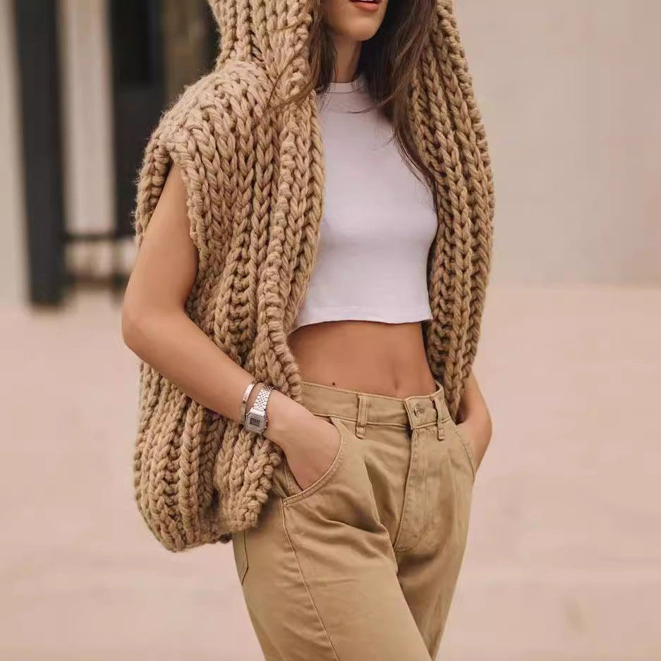 Damen lässige Strickweste mit Kapuze aus grobem Garn R&B