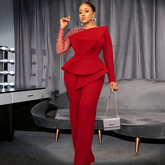 Damen eleganter Jumpsuit mit asymmetrischem Oberteil und raffiniertem Rüschendesign R&B