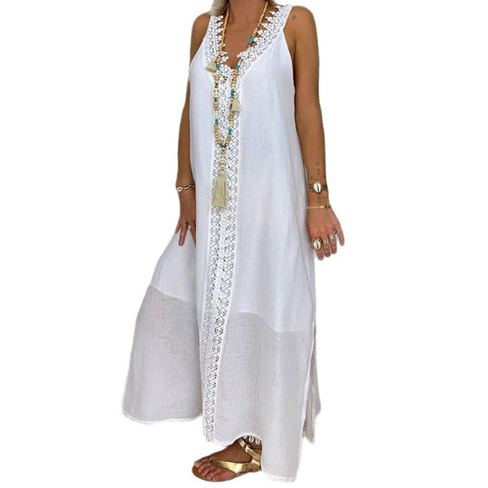 Damen Maxi-Strandkleid mit elegantem Spitzenbesatz und seitlichen Schlitzen R&B