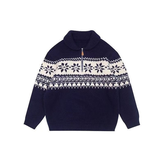 Damen gestrickter Pullover mit Halskragen und Modischem Norweger-Muster R&B