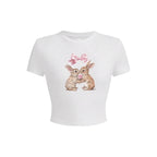 Damen Crop-Top mit entzückendem Kaninchenmotiv und Schleifendruck R&B