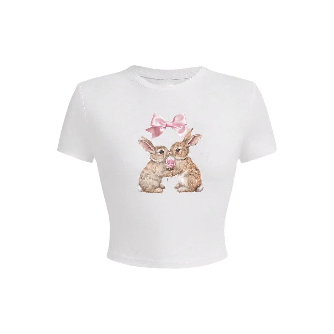 Damen Crop-Top mit entzückendem Kaninchenmotiv und Schleifendruck R&B