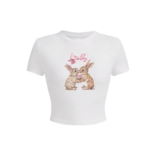 Damen Crop-Top mit entzückendem Kaninchenmotiv und Schleifendruck R&B