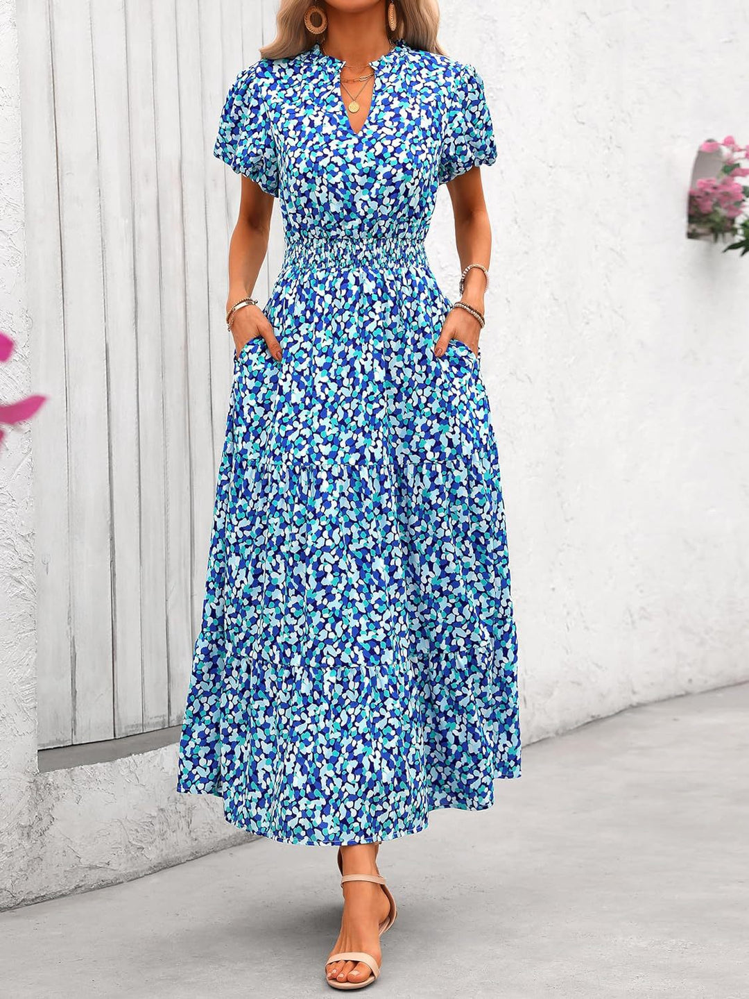 Damen Maxi-Kleid mit floralen Mustern und rüschendem Saum R&B