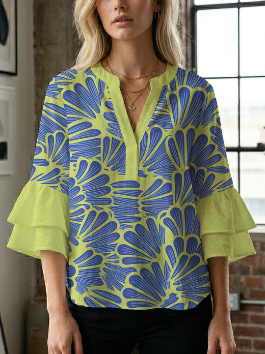 Damen elegantes Blusenshirt mit voluminösen Rüsenärmeln und grafischem Blumendesign R&B
