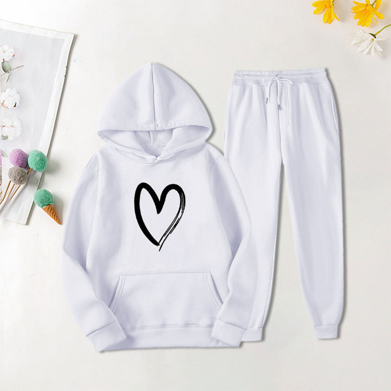 Damen Sweatsuit mit Kängurutasche und herzförmigem Print