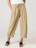 Damen lockere Leinenhose mit elastischem Bund und modernen Raffungen