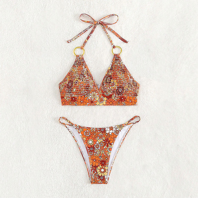 Damen Triangel-Bikini mit floralem Muster und goldenen Ringdetails R&B