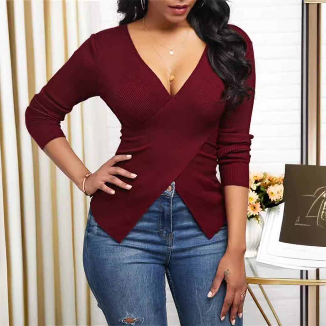 Damen Wickeloberteil mit tiefem V-Ausschnitt und feinem Rippdesign R&B