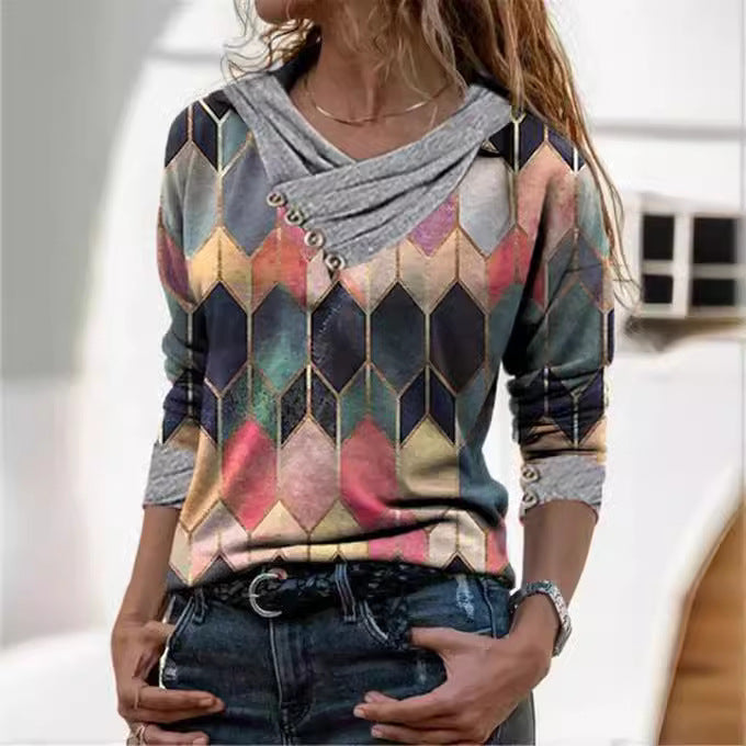Damen modisches Langarmshirt mit V-Ausschnitt und dekorativen Knopfdetails R&B