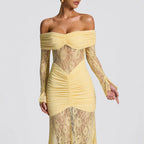 Damen elegantes Spitzenkleid mit Off-Shoulder-Ausschnitt und Raffungen R&B