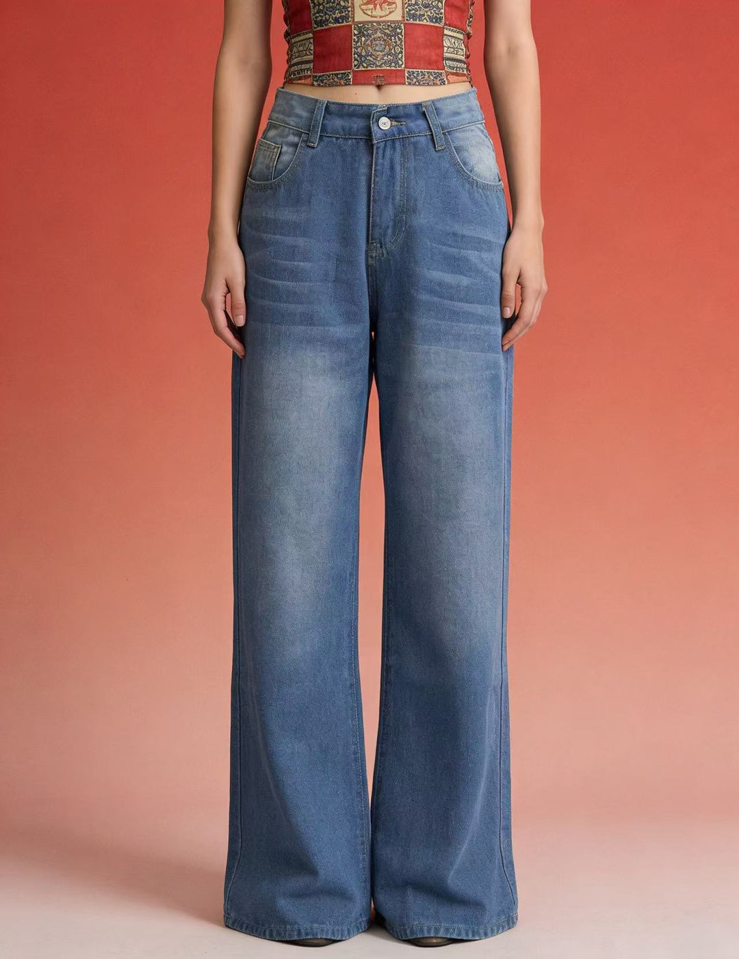 Damen weite Denim-Hose mit Vintage-Waschung und hoch geschnittenem Bund R&B