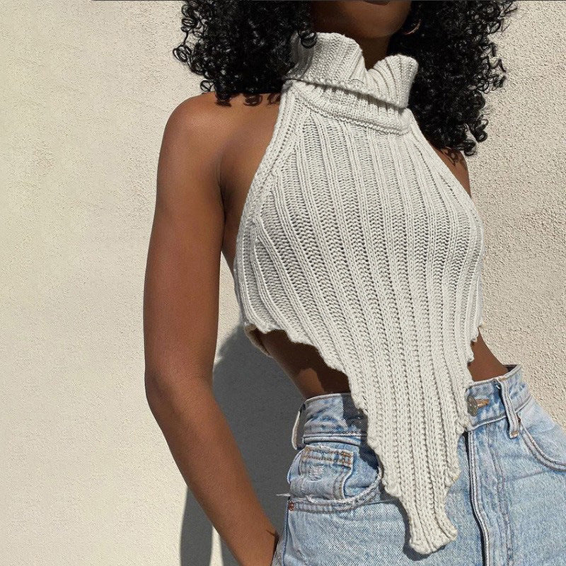 Damen cropped Stricktop mit hohem Kragen R&B