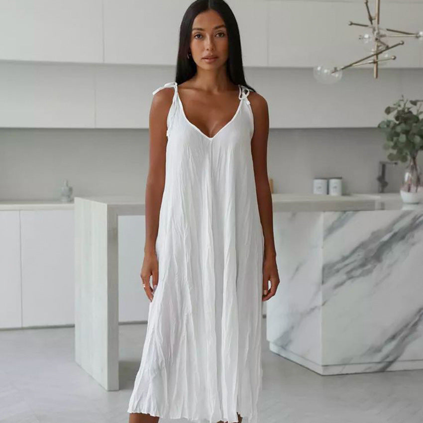 R&B | Damen Weiß Loose Idle Lange Slip Nachthemd Lässige Bequeme Oberbekleidung Hausbekleidung