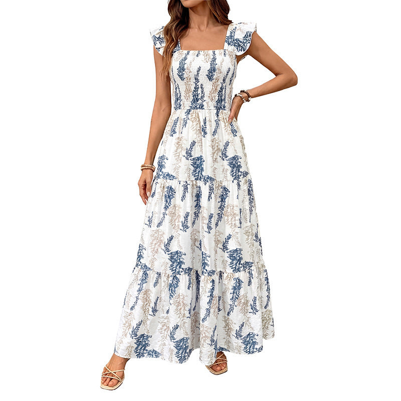 Damen Elegantes Maxi-Kleid mit floralem Print und schulterfreien Rüschenärmel R&B