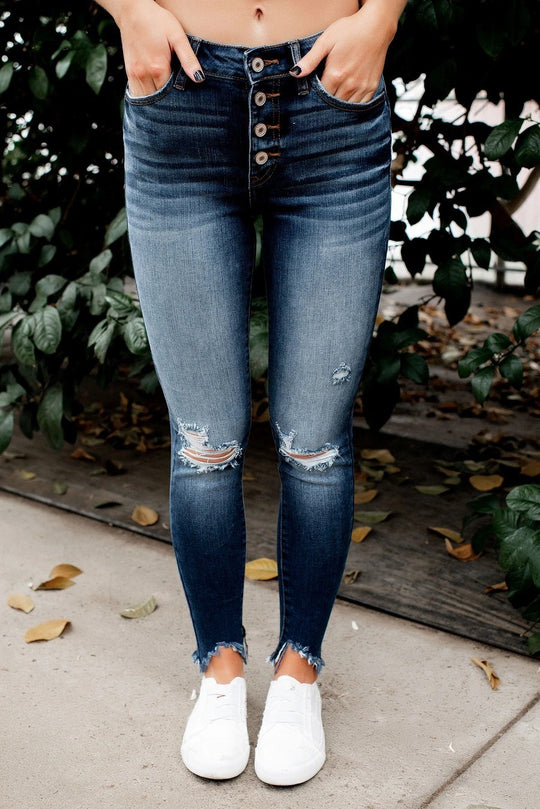 Damen Skinny Jeans mit hoher Taille und Destroyed-Details R&B