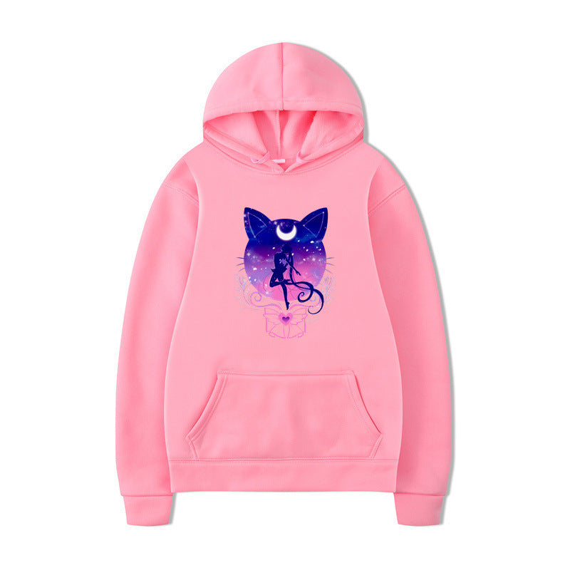 Damen Kapuzenpullover mit künstlerischem Katzenmotiv und bequemer Passform R&B