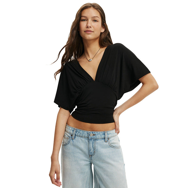 Damen elegantes Wickeloberteil mit voluminösenÄrmeln und tiefem V-Ausschnitt R&B