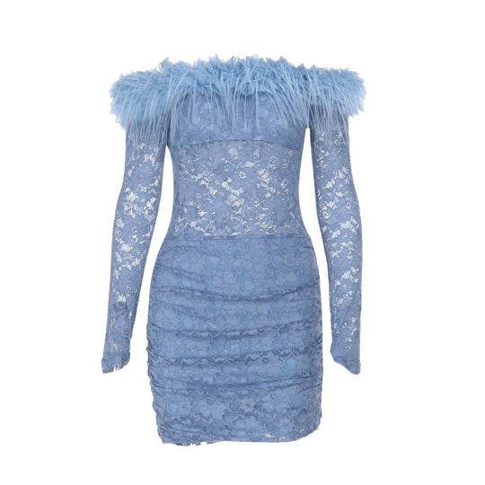 Damen elegantes Spitzenkleid mit federbesetztem Ausschnitt und langem Arm R&B