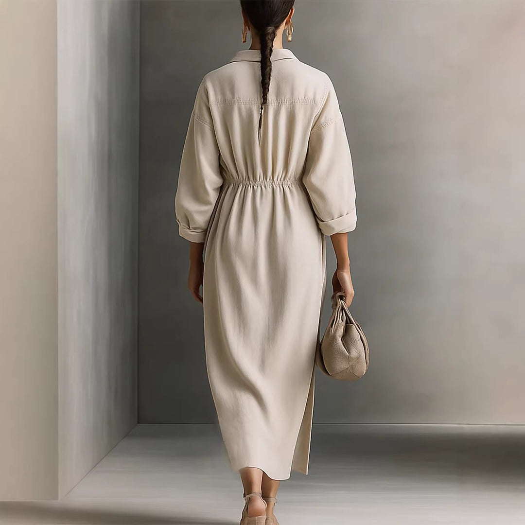 Damen stilvolles Midikleid mit Bindegürtel und klassischem Kragen R&B