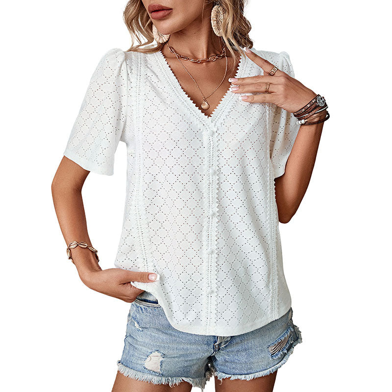 Damen Bluse mit luftiger Stickerei und dekorativen Knöpfen R&B