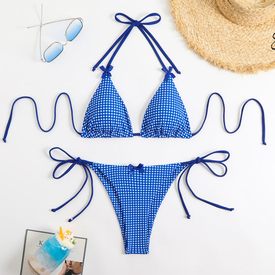 Damen Triangel-Bikini mit verspieltem Karomuster und bindbaren Trägern R&B