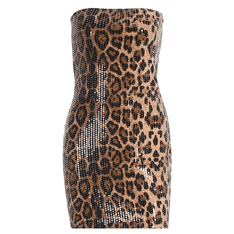 Damen Glitzerndes Minikleid mit Leopardenmuster und Spaghettiträgern R&B