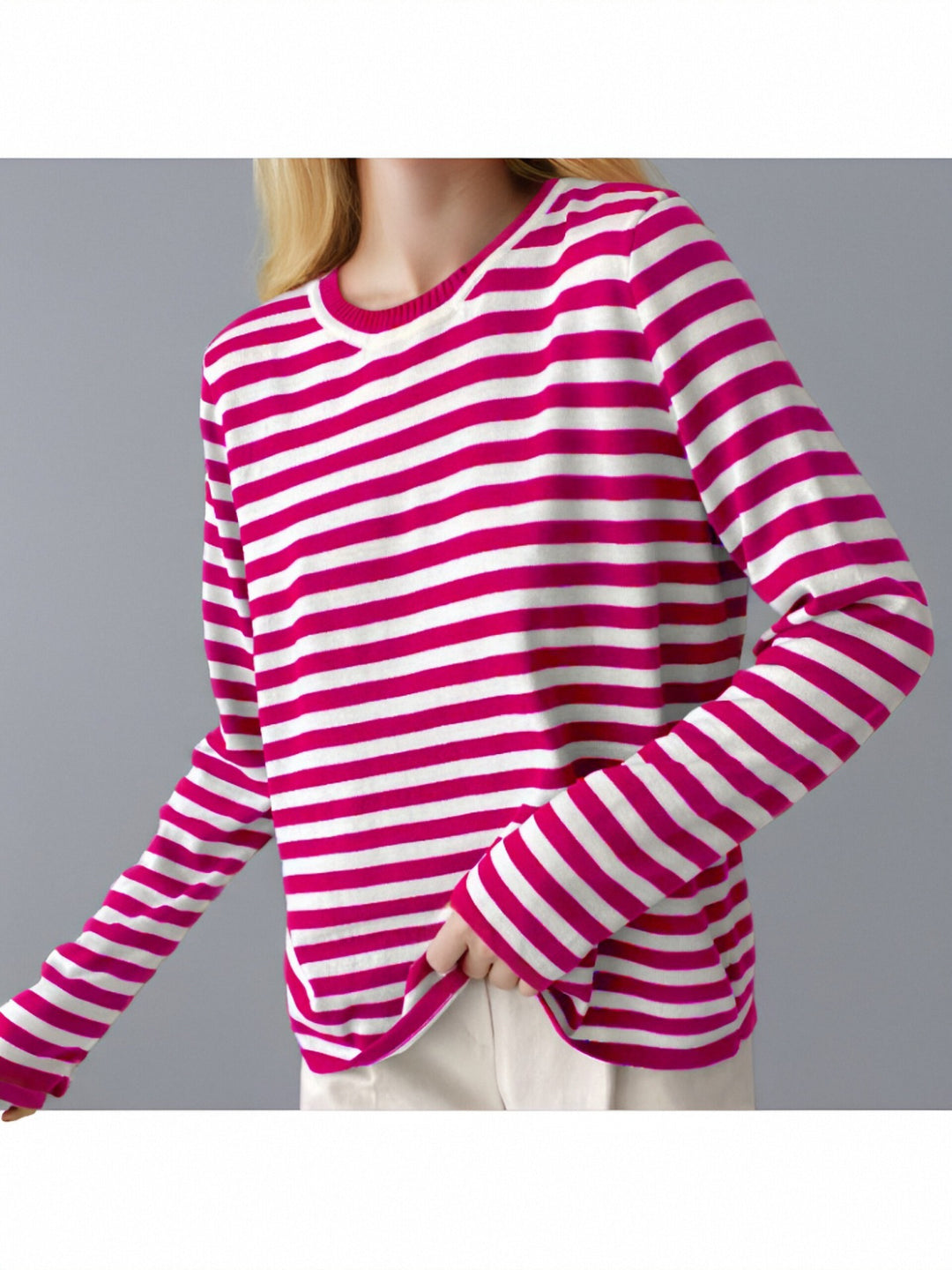 Damen gestreifter Langarmpullover mit Rundhalsausschnitt und lässigem Schnitt R&B