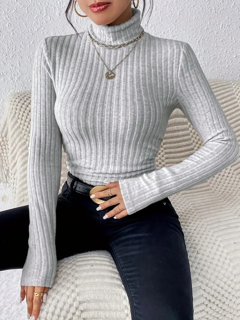 Damen Langarm Rollkragenpullover mit feinen Rippdetails R&B
