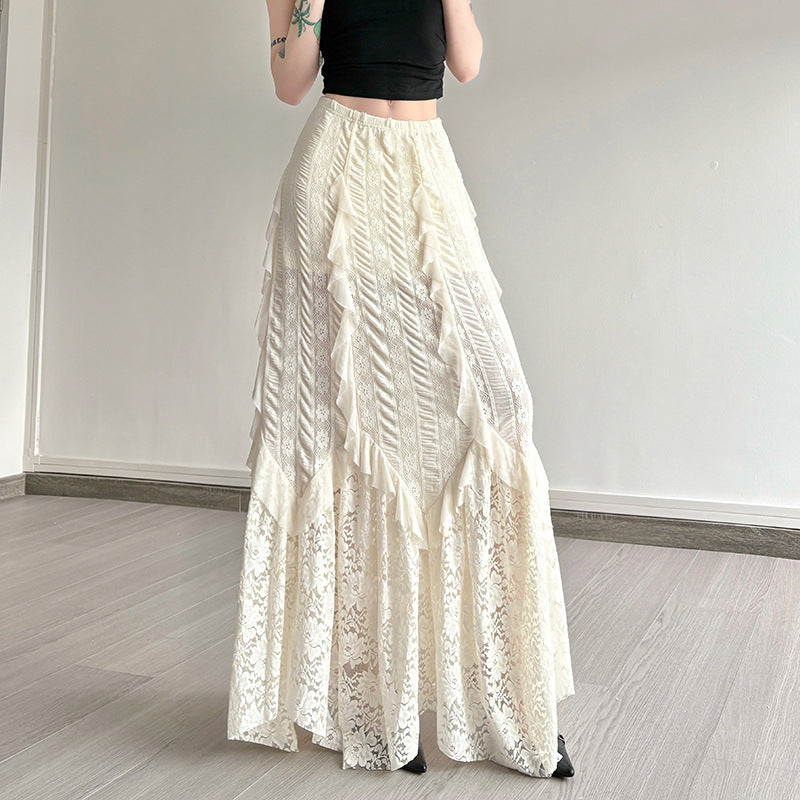 Damen eleganter Maxirock mit raffinierten Rüschen und Spitzenakzenten R&B