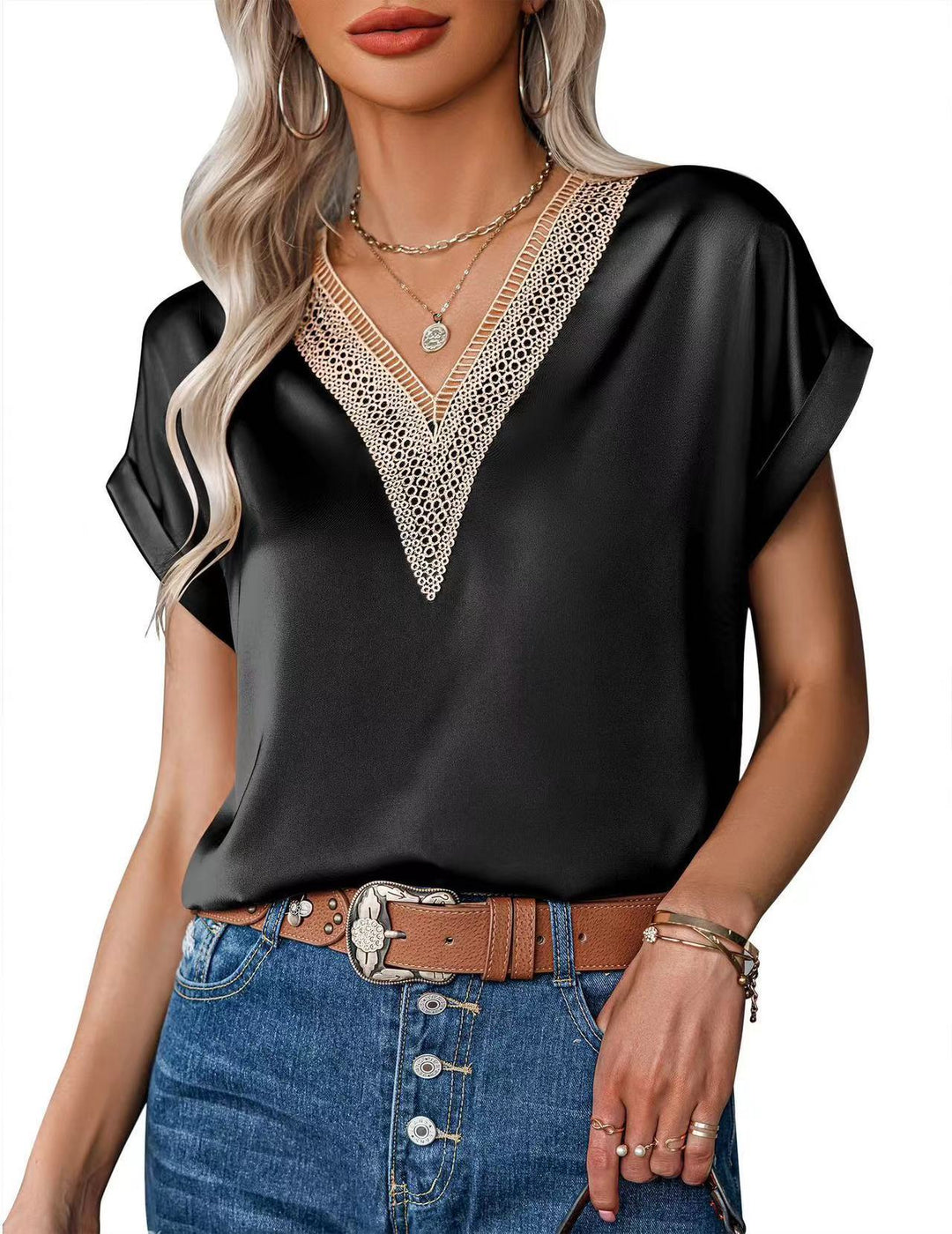Damen Satin Bluse mit elegantem V-Ausschnitt und raffinierten Spitzenakzenten R&B