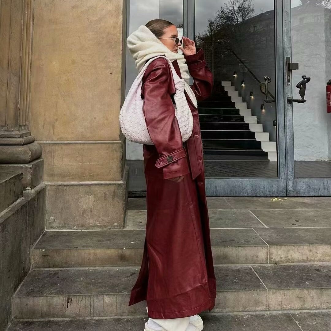 Damen elegante Kunstleder Trenchjacke mit Gürtel und hohen Revers R&B