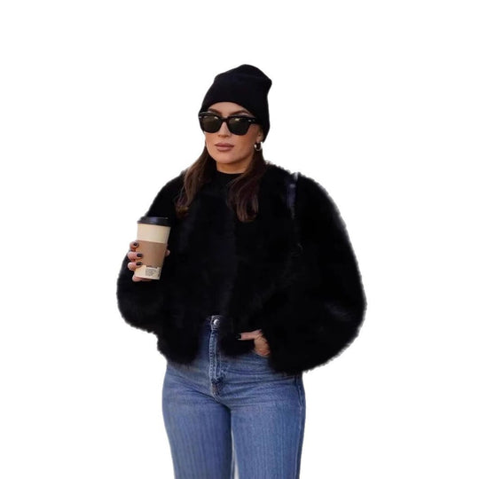 Damen Plüschige Kurzjacke mit tiefem V-Ausschnitt R&B