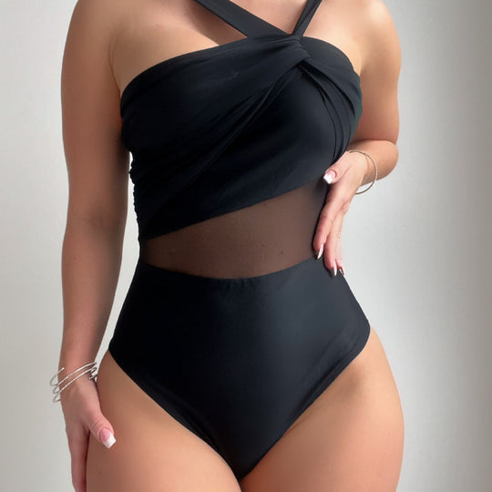 Damen Eleganter Einteiler Badeanzug mit Modernem Stoffmix R&B