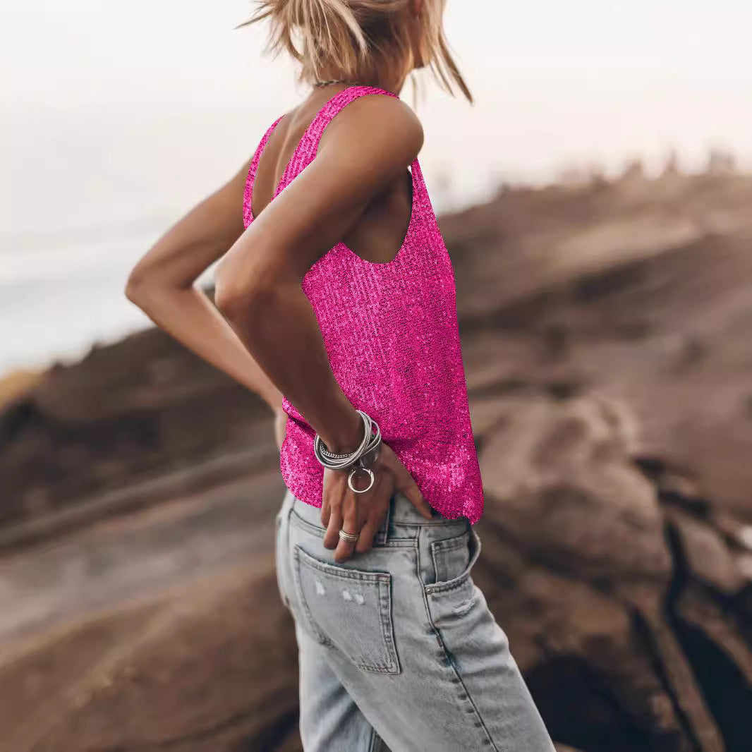 Damen Glitzerndes Top mit tiefem Rundhalsausschnitt und leichter A-Linie R&B