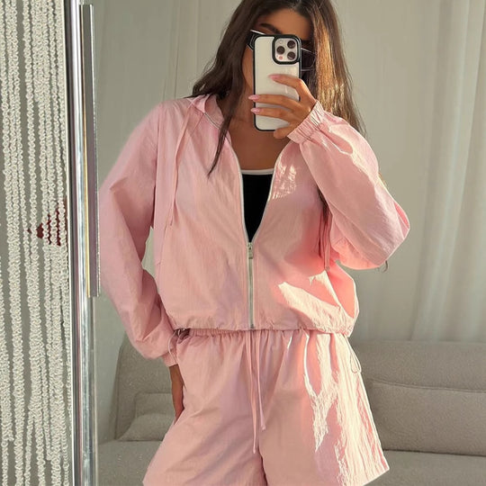 Damen lässiges Windbreaker-Set mit kurzen Hosen und Kapuze R&B