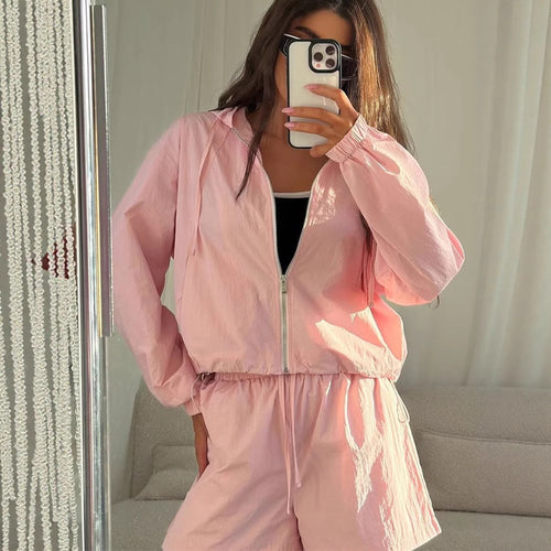 Damen lässiges Windbreaker-Set mit kurzen Hosen und Kapuze R&B